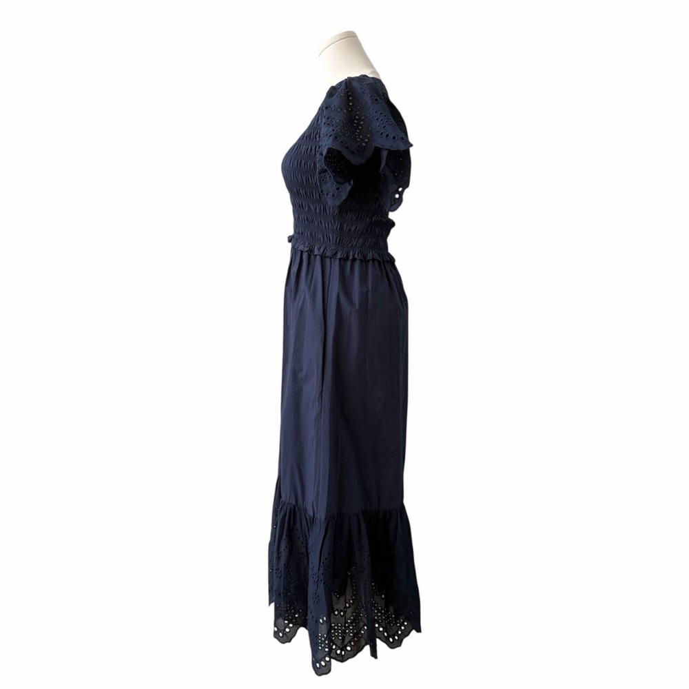 Deluc Avis Smocked Midi Dress Blue Embroidered Ruffle Pockets NWT M - Picture 6 of 14